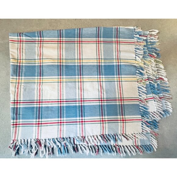 Plaid Tablecloth Blue White Plaid Cotton Fringe Edges 70x53 Farmhouse Cottage - Picture 2 of 5